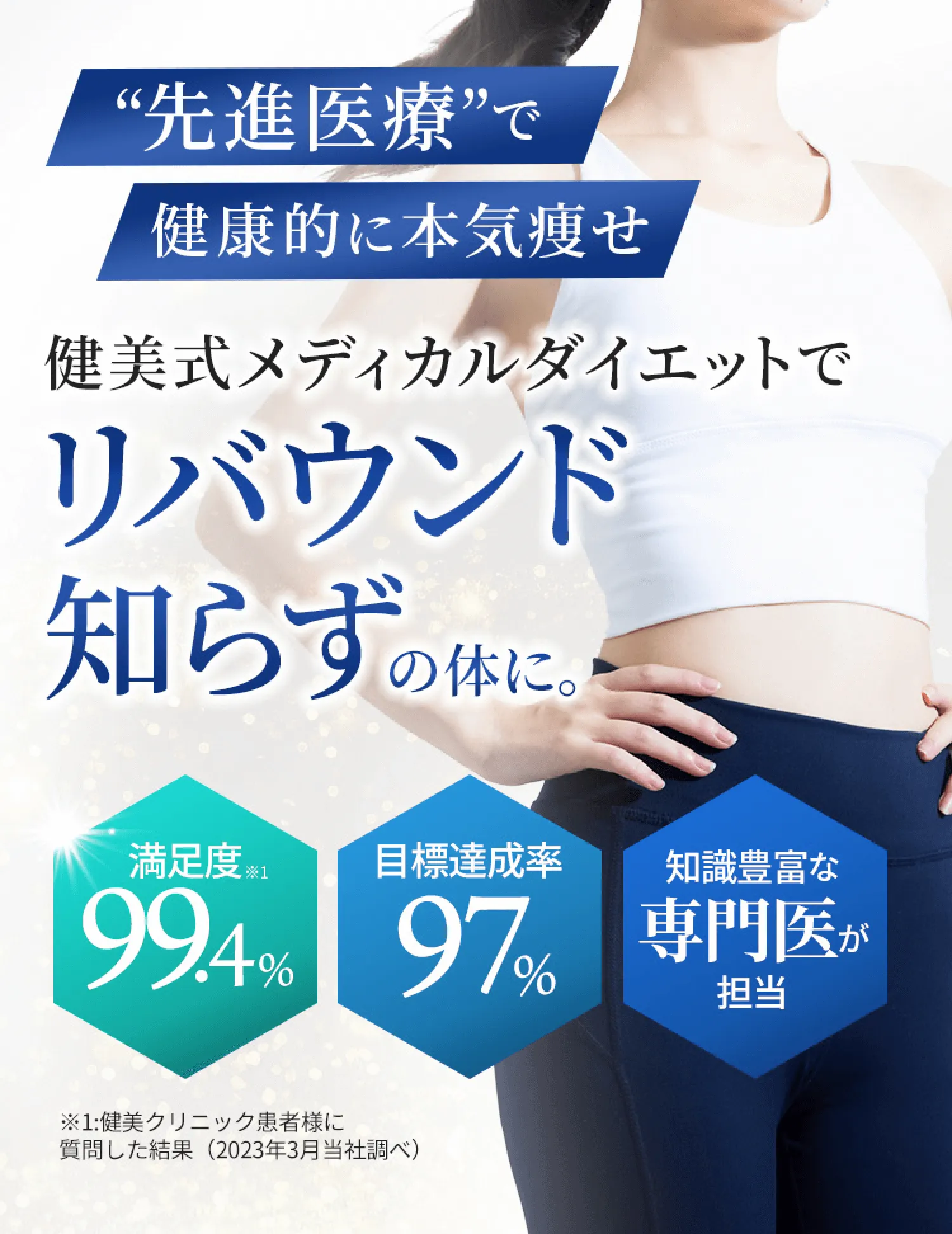 ”健美式メディカルダイエットでリバウンド知らずの体に。満足度99.4%、目標達成率97%。知識豊富な専門医が担当。”