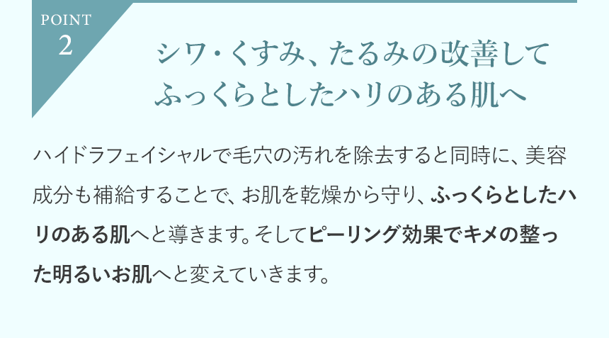POINT2「シワ・くすみ、たるみの改善してふっくらとしたハリのある肌へ」
